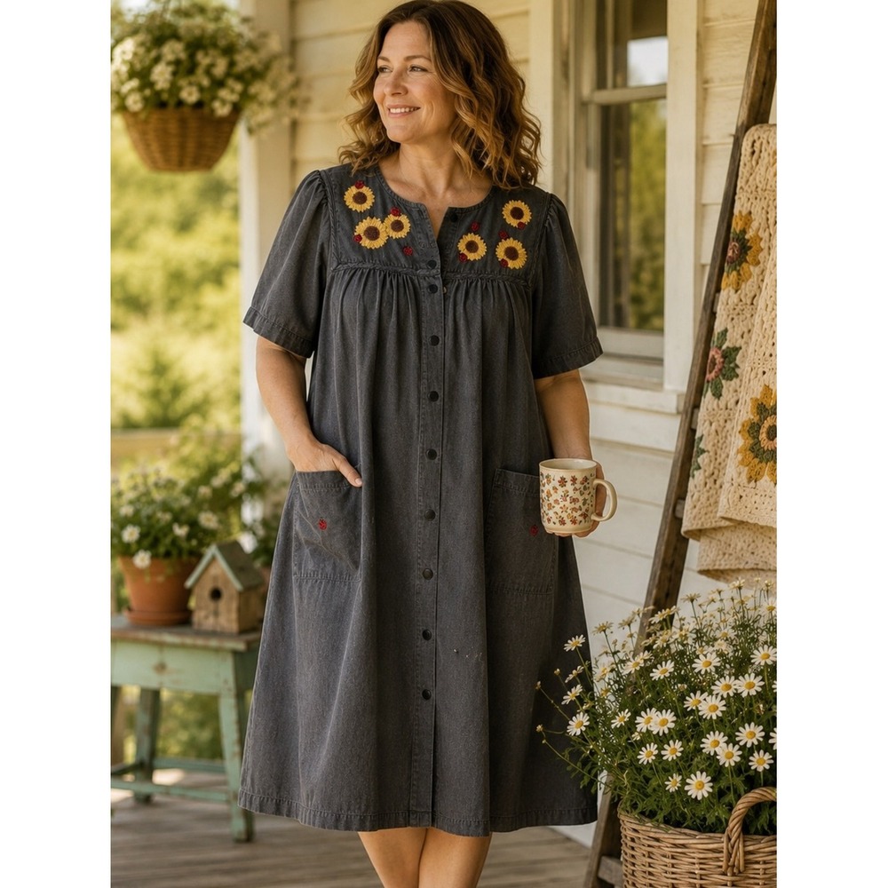 Go Softly Patio Sunflower Ladybug House Dress Cottagecore Chambray Cotton M